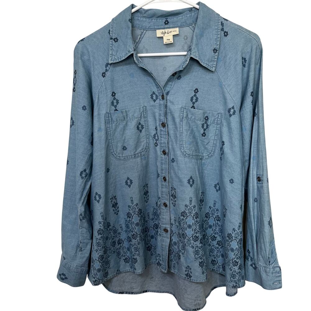 Style & Co Women’s Chambray Button Up Shirt Sz PM Aztec Roll Tab Sleeve‎